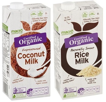 Macro Certified Organic Unsweetened Coconut Milk 1L and Macro Certified Organic Naturally Sweet Rice Milk 1L